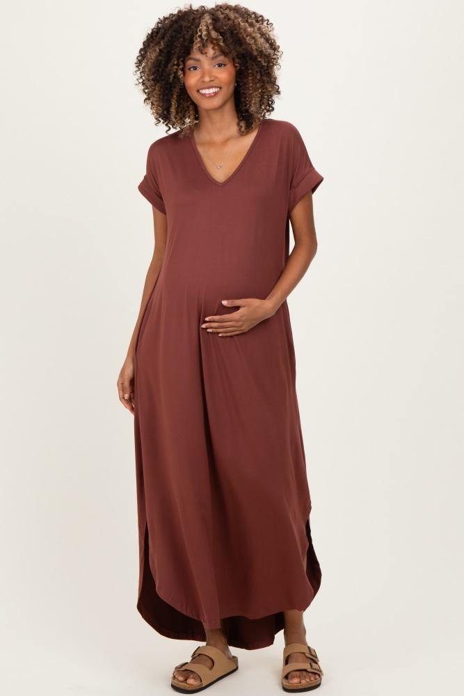 chocolate side slit maternity maxi dress