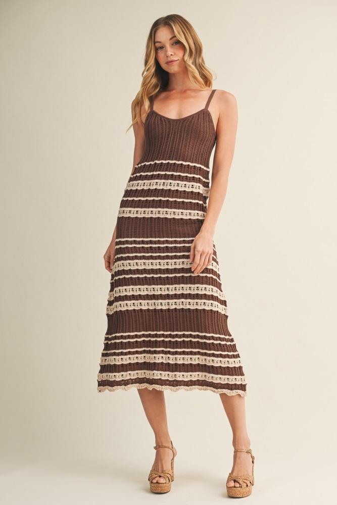 chocolate sleeveless striped crochet dress