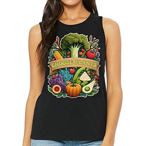 choose plants print women's muscle tank - vegetarian tank top - print workout tank - black, 2xl
