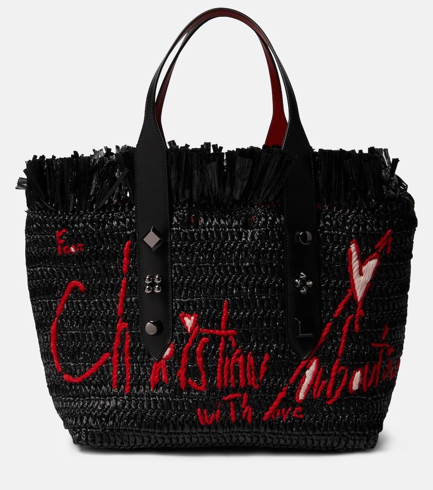 christian louboutin frangibus medium embroidered raffia tote bag