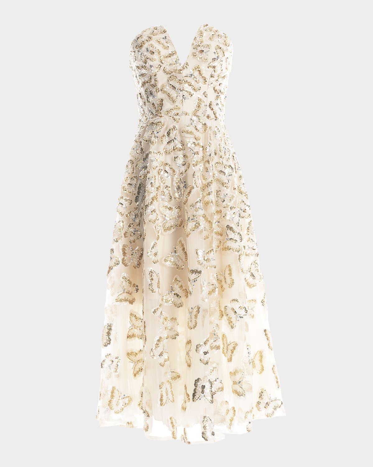 christina strapless sequin applique midi dress