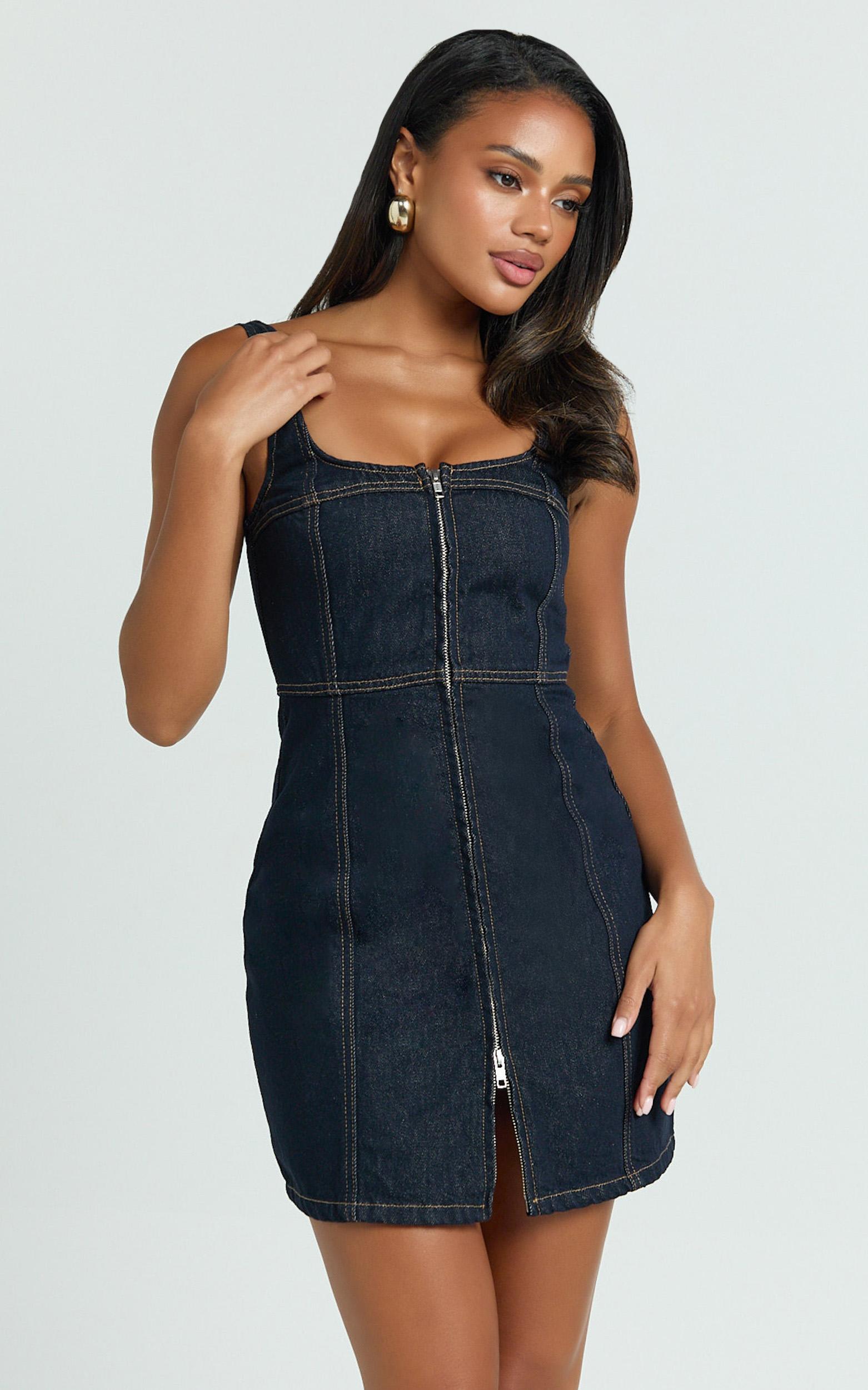 chrysoula mini dress - square neck zip front sleeveless bodycon denim in raw denim with tobacco stitch