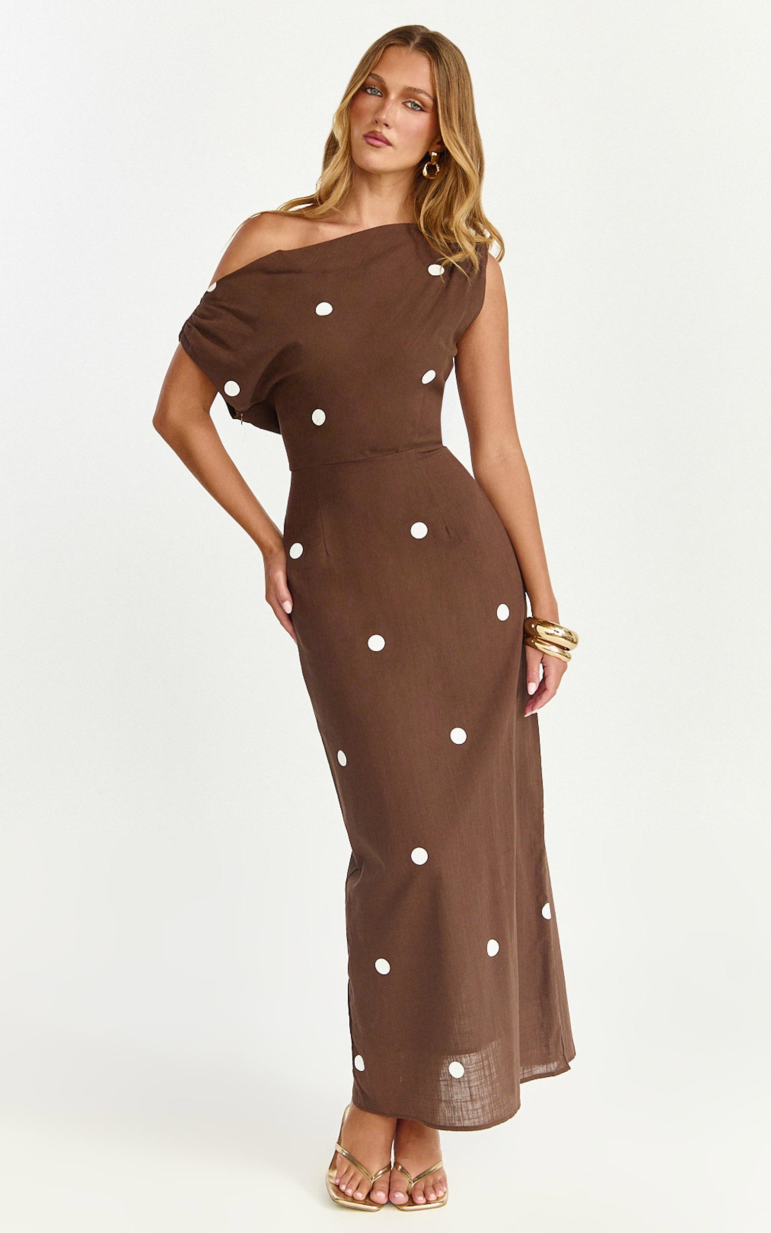 cia maxi dress - tipped shoulder linen polkadot dress in chocolate