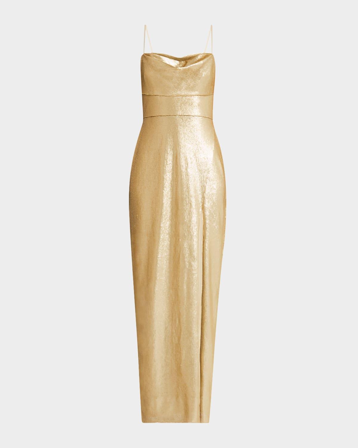 ciara cowl-neck sequin column gown
