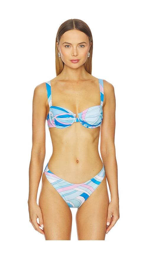cin cin ariel ruched bikini top in blue.
