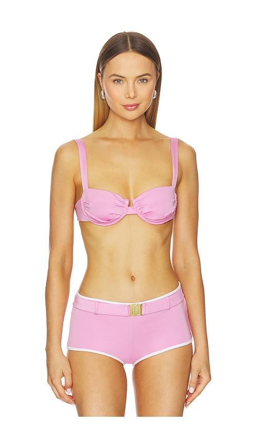 cin cin ariel ruched bikini top in pink.