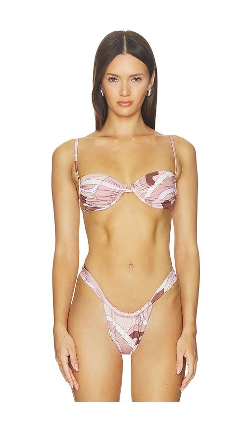 cin cin pisces ruched bikini top in brown.