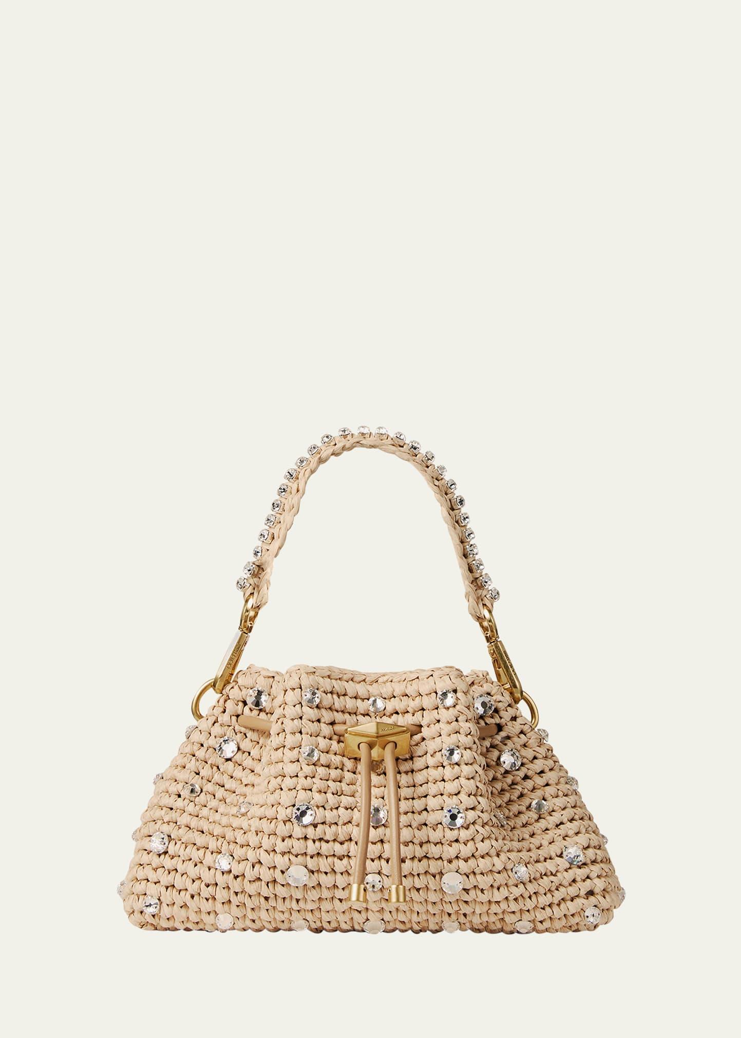 cinch small crystal-embellished raffia drawstring top handle bag