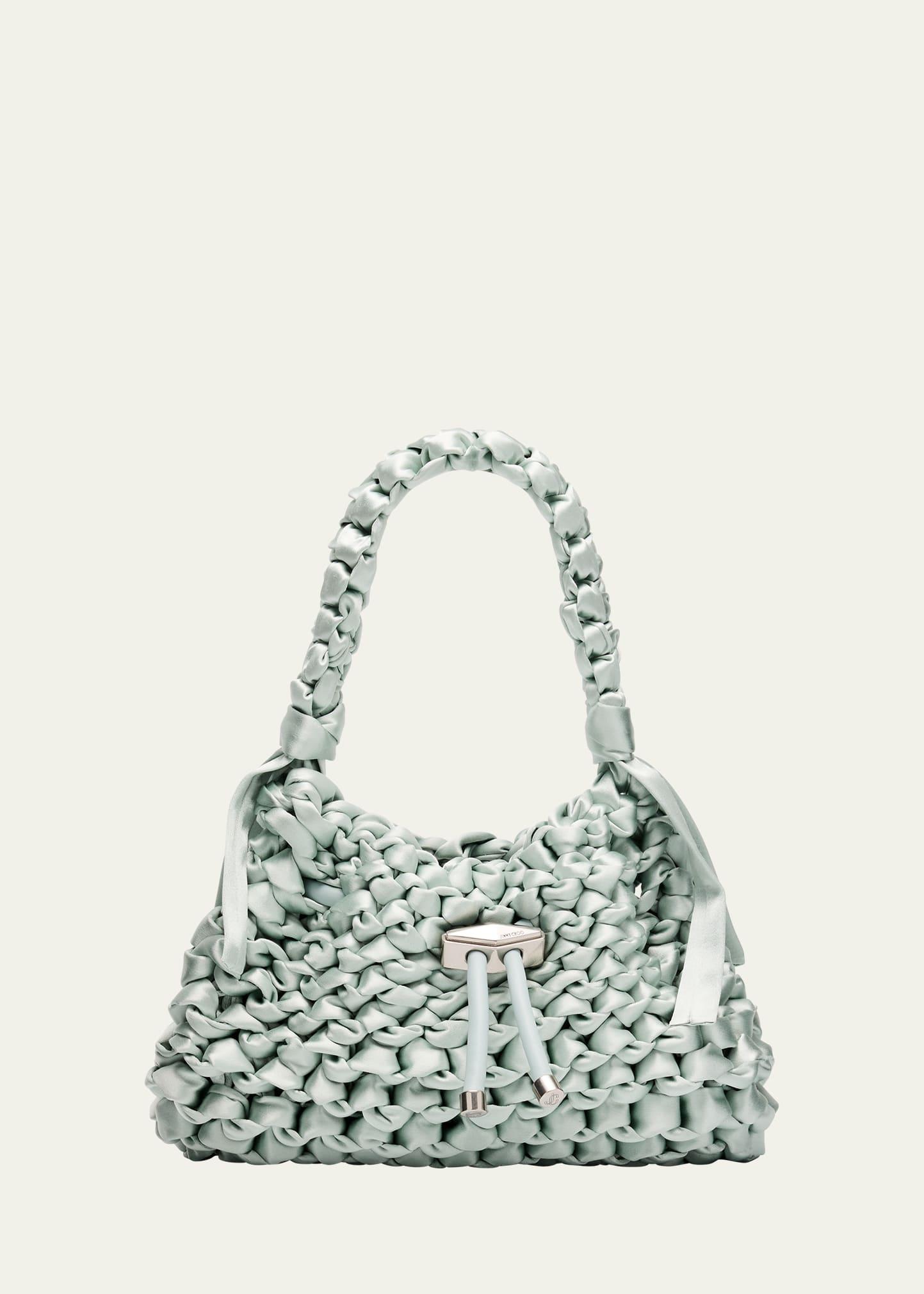 cinch small woven satin top-handle bag