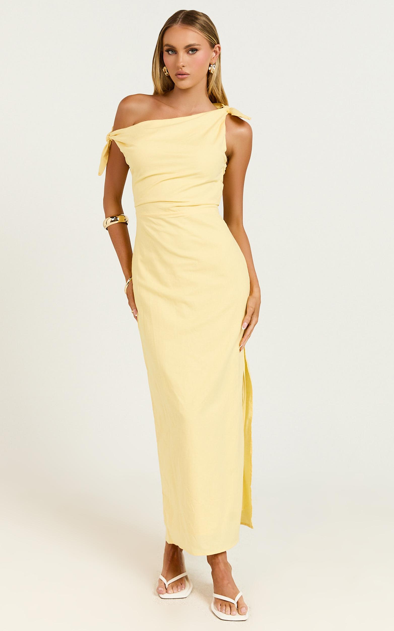 cincinnati midi dress - off the shoulder side split column linen dress in lemon