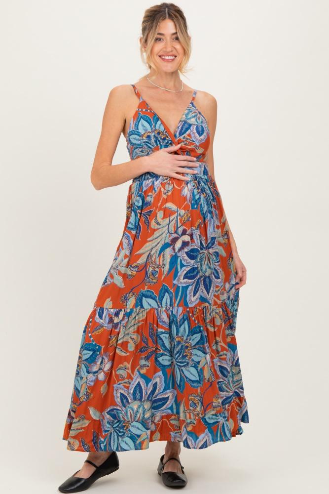 cinnamon floral twist front cutout maternity maxi dress
