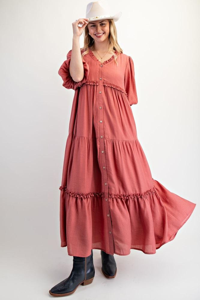 cinnamon puff short sleeve crepe tiered maxi dress