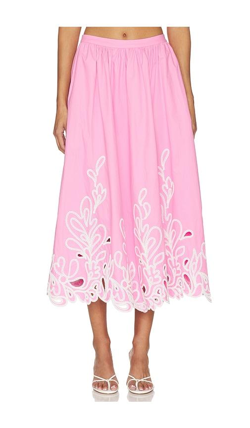 cinq a sept paisley bloom embroidered espe skirt in pink.