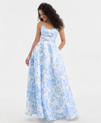 city studios juniors floral scoop neck satin gown