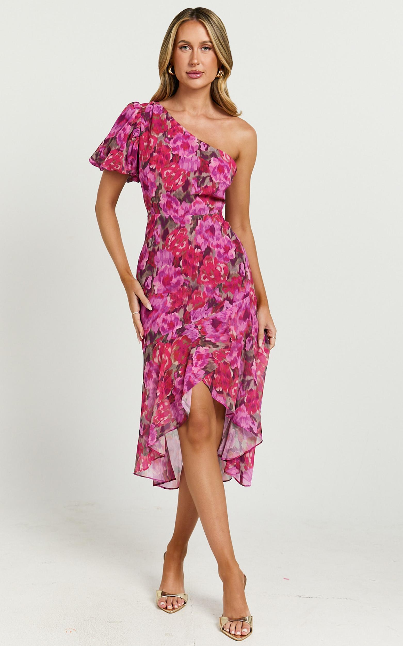 clabelle midi dress - one shoulder ruffle tulip hem dress in violette blur floral