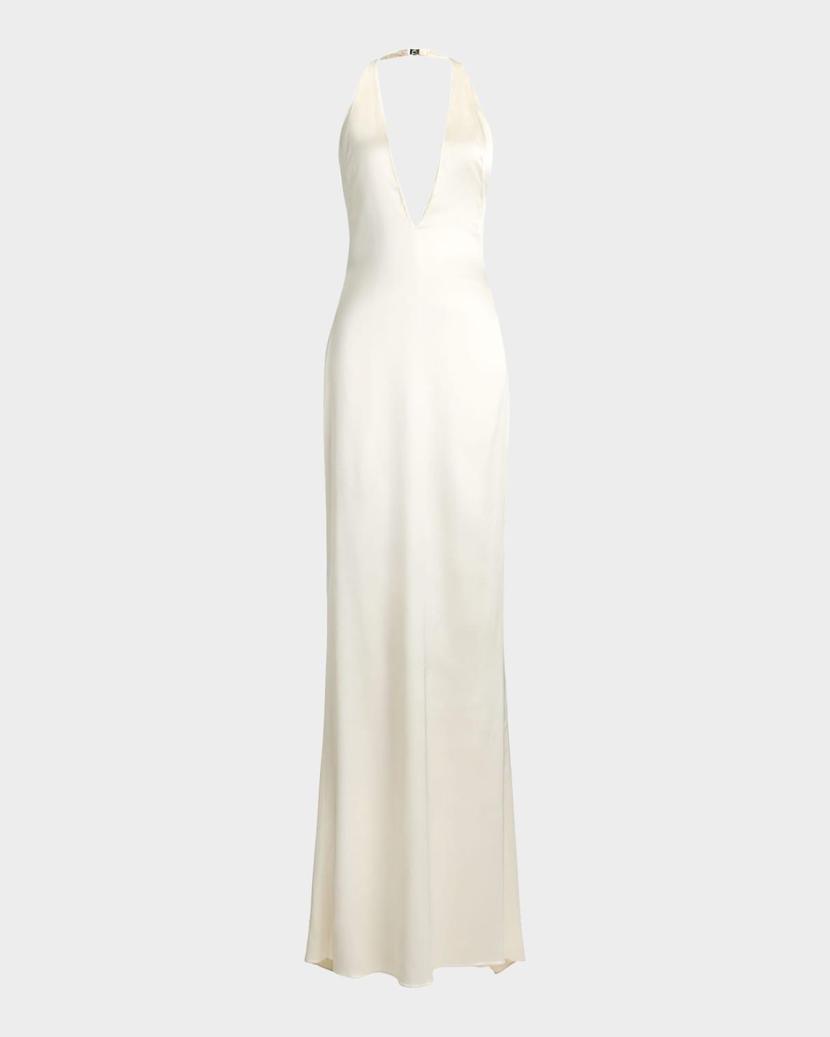 cladwell plunging halter lux stretch satin backless gown