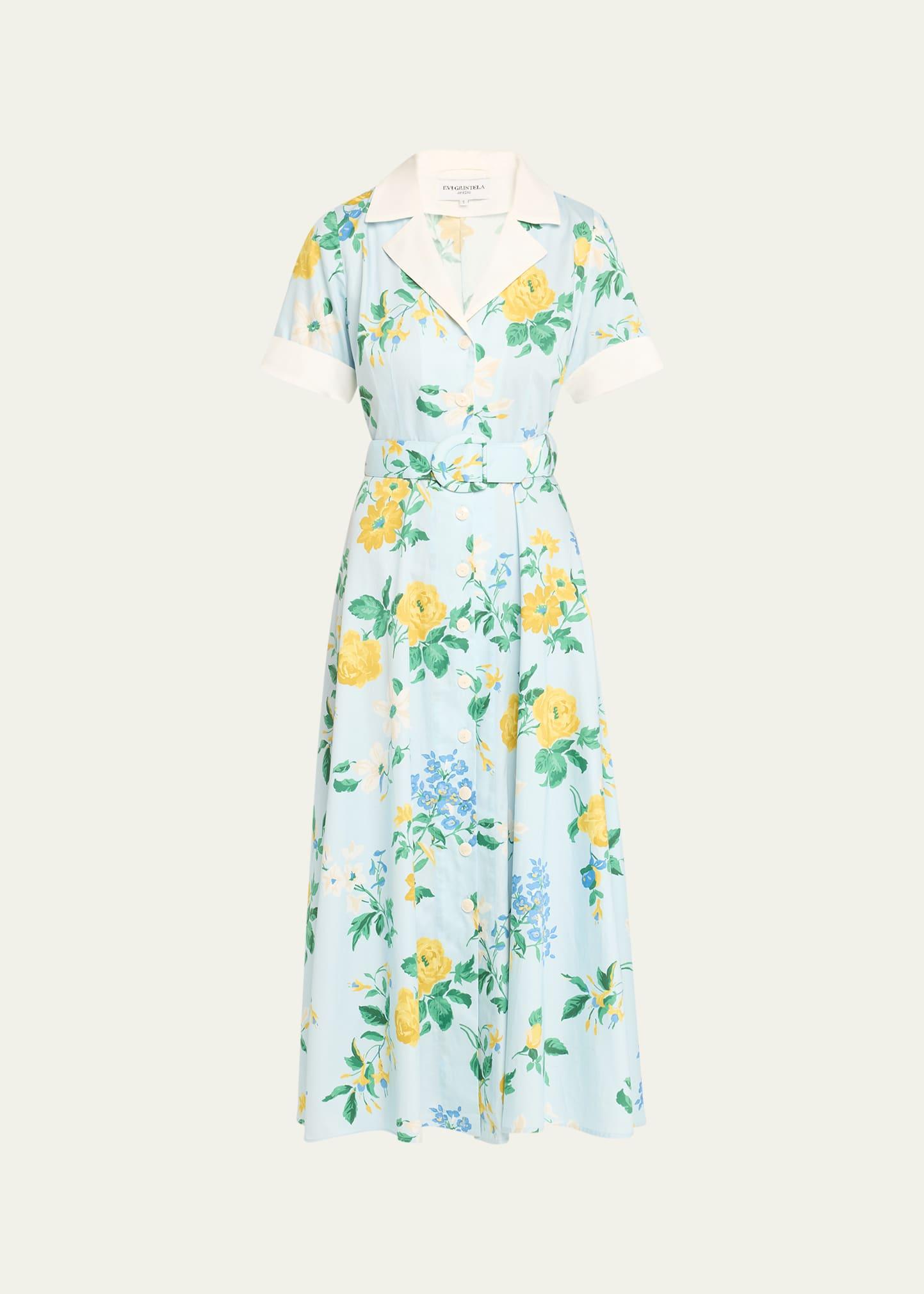 clara belted floral-print midi shirtdress