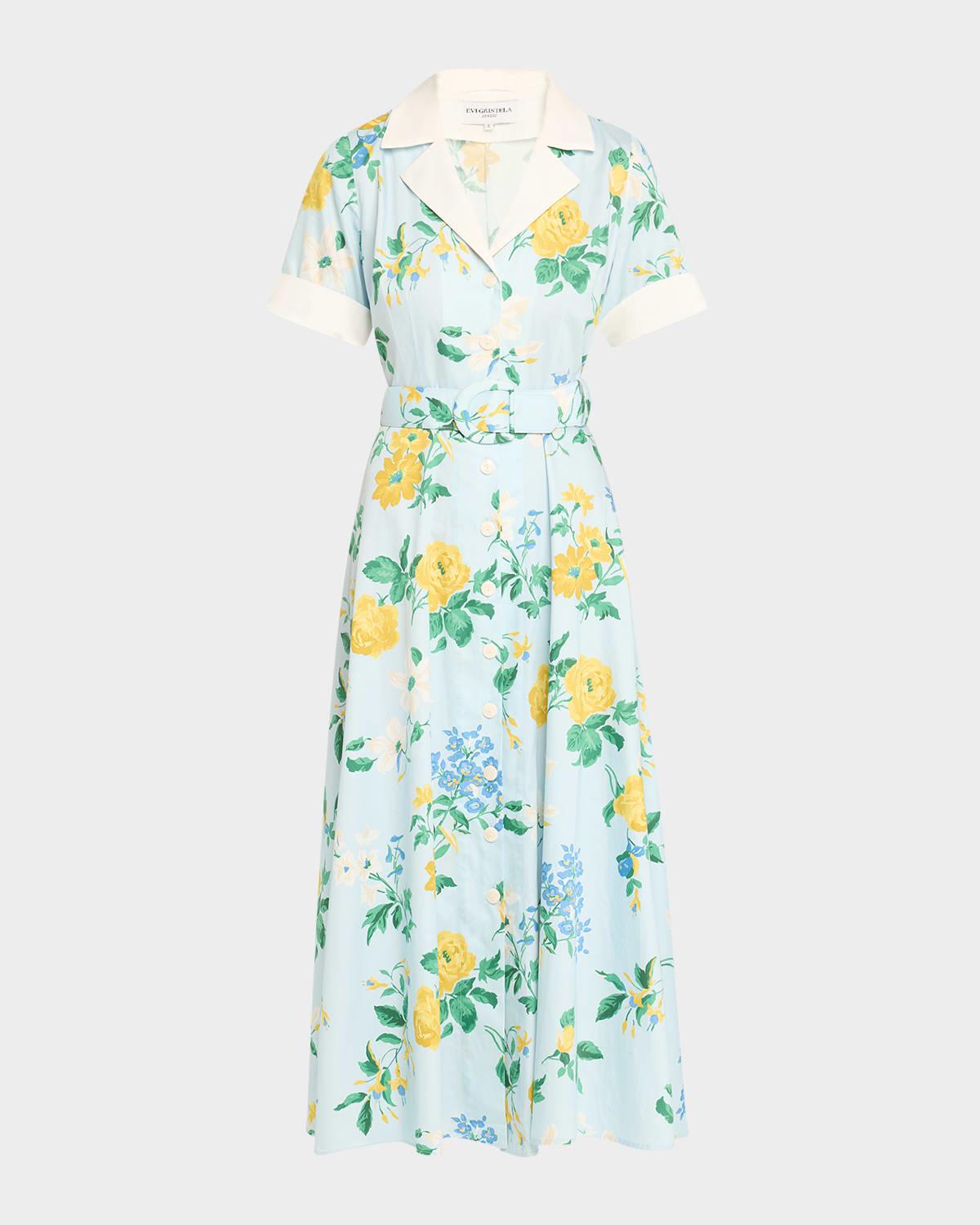 clara belted floral-print midi shirtdress