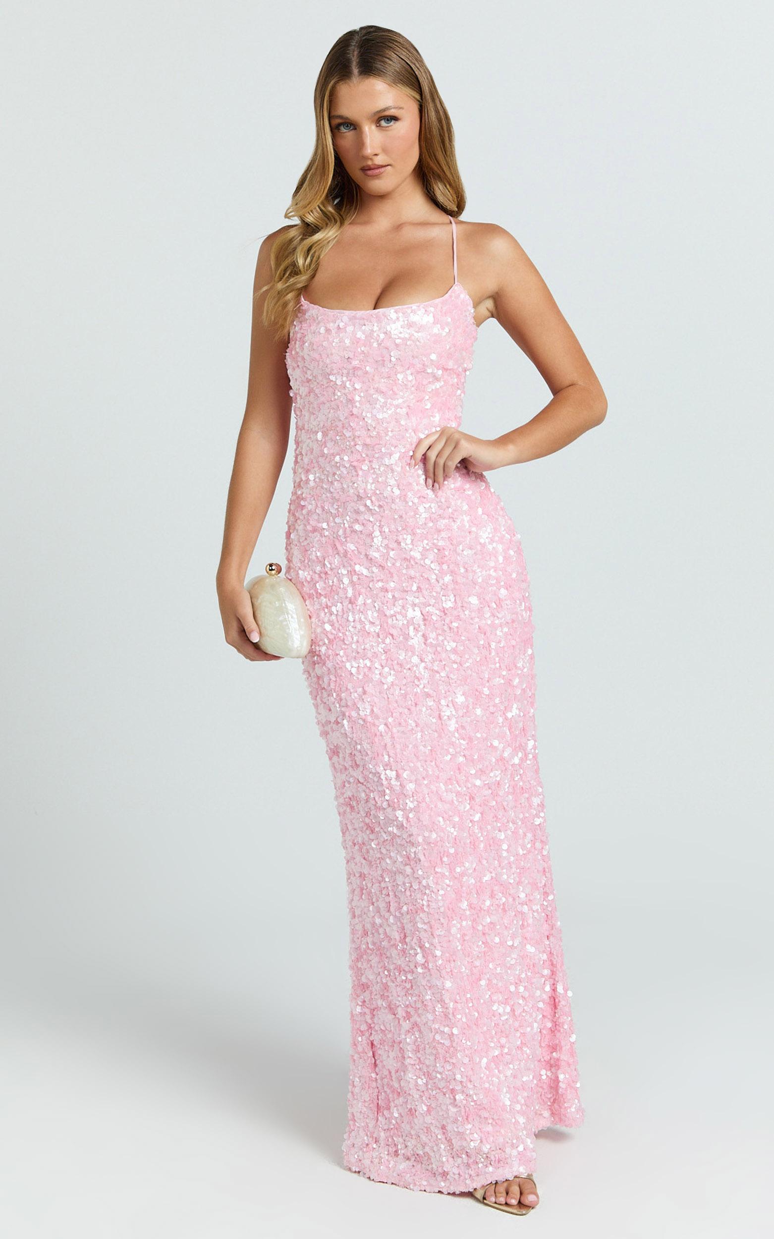 clara maxi dress - scoop neck tie back fitted sequin dress in pink