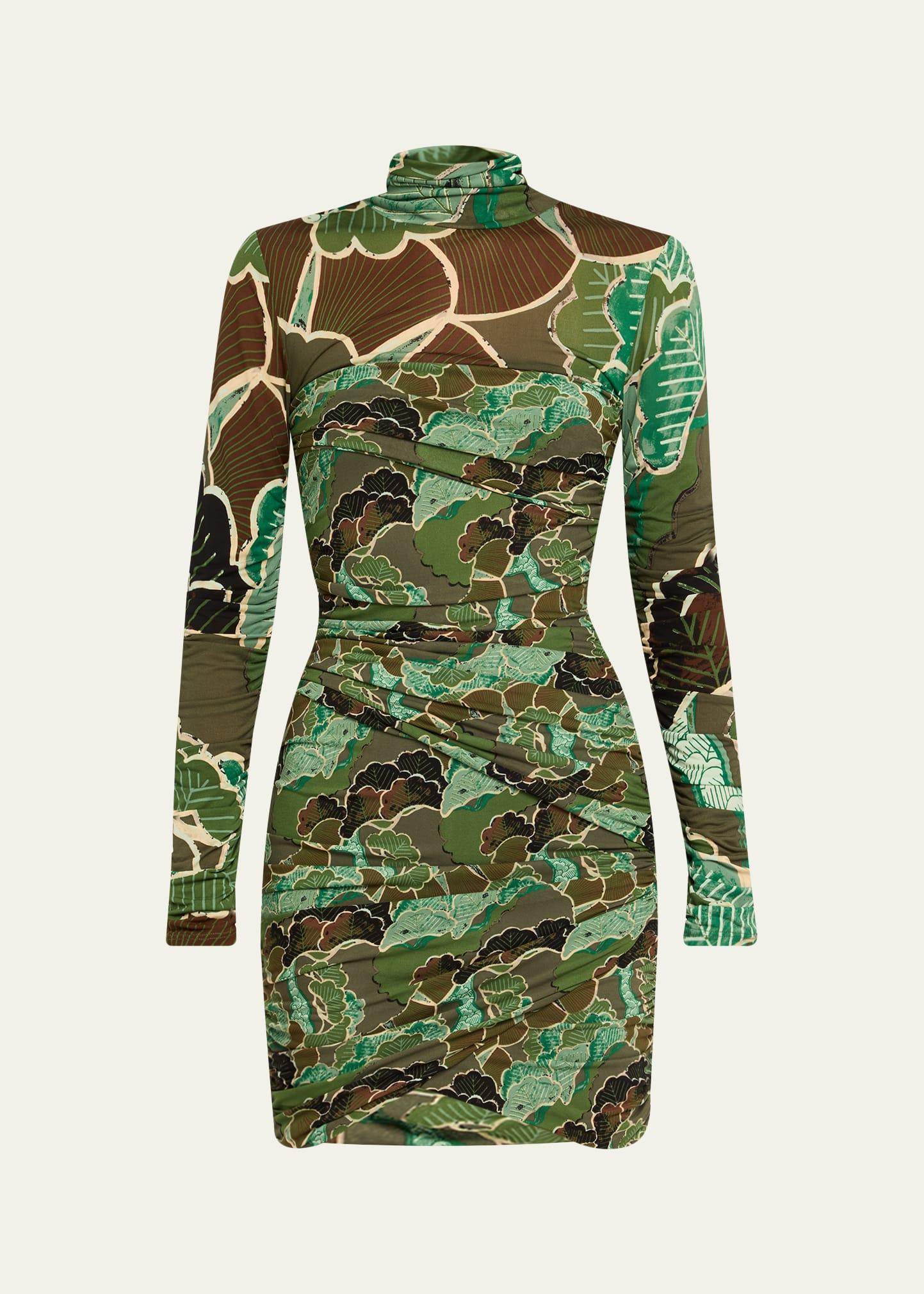 clarabella ruched leaf-print bodycon mini dress