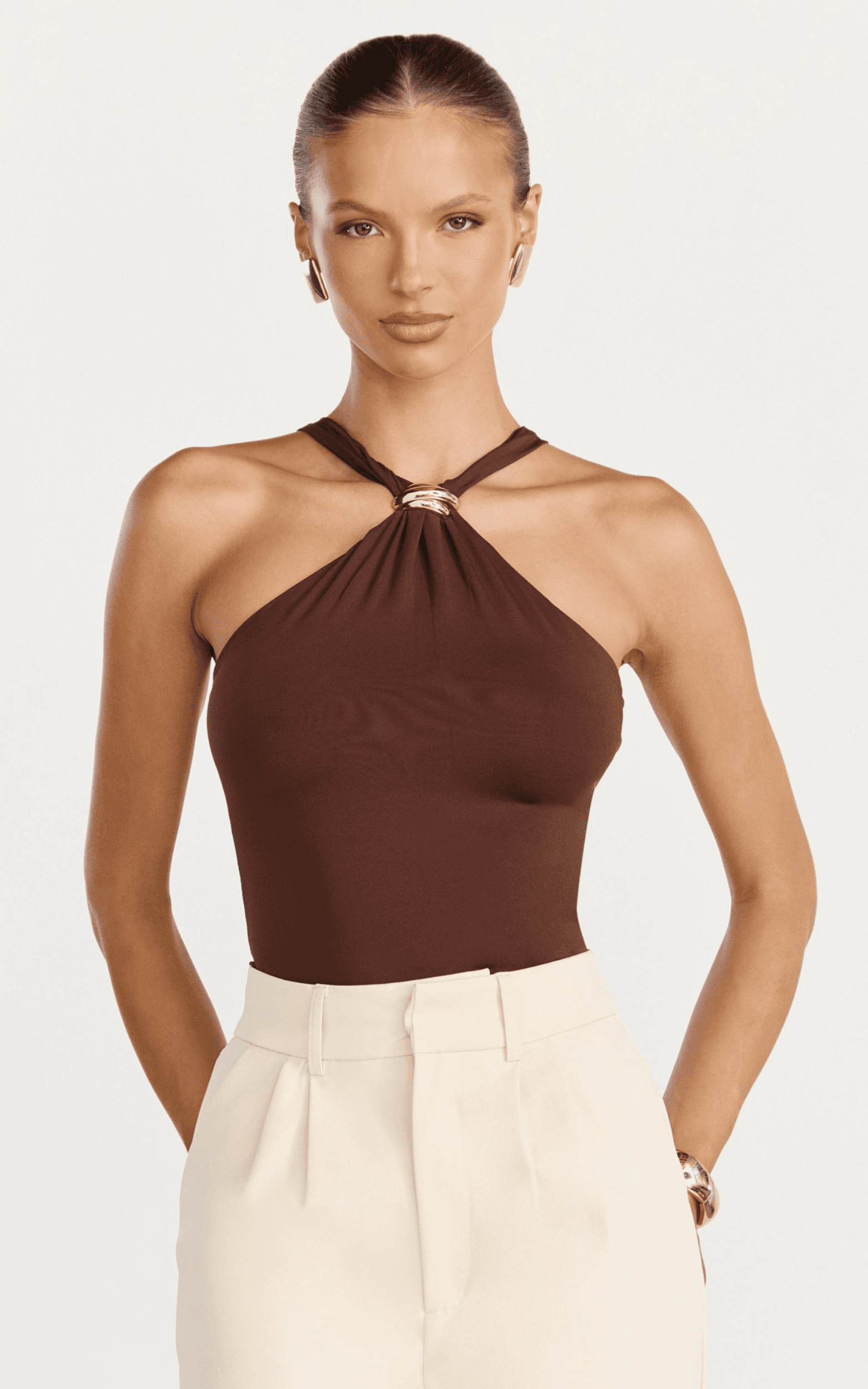 clarisse top - sleeveless halter neck top with hardware feature in choc