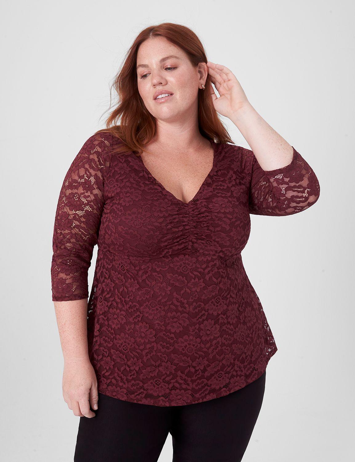 classic 3/4-sleeve ruched v-neck babydoll lace top