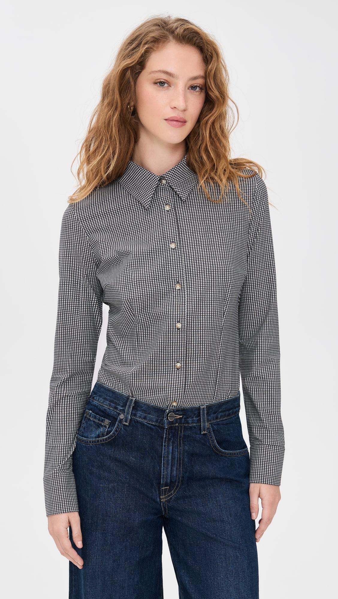 classic print button down thong bodysuit