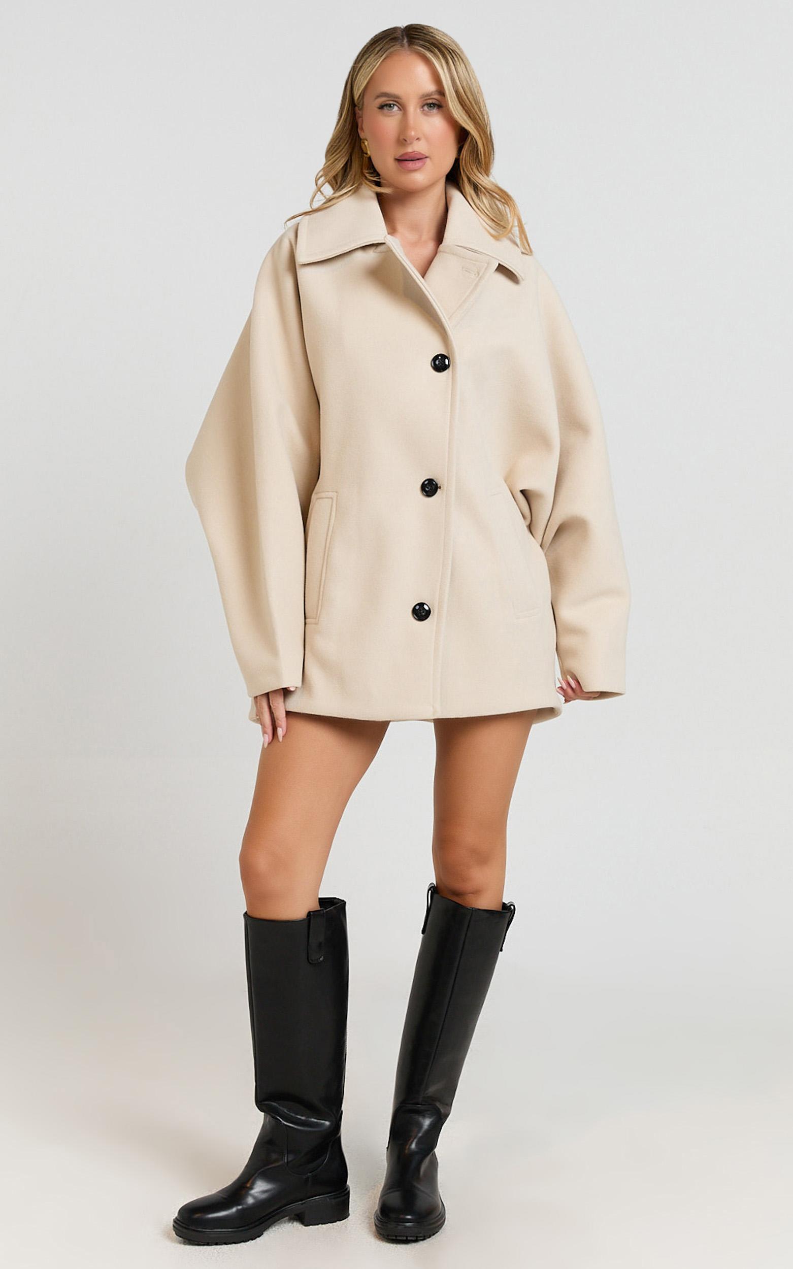 claudia coat - oversized three-button front closure coat in beige