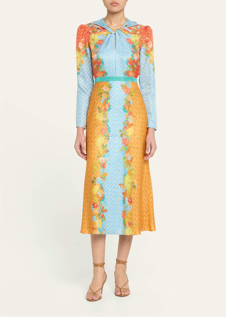 claudia floral silk long-sleeve fluted midi dress