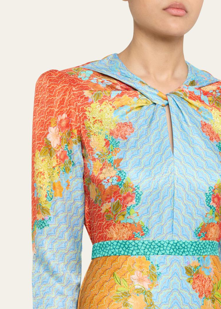 claudia floral silk long-sleeve fluted midi dress