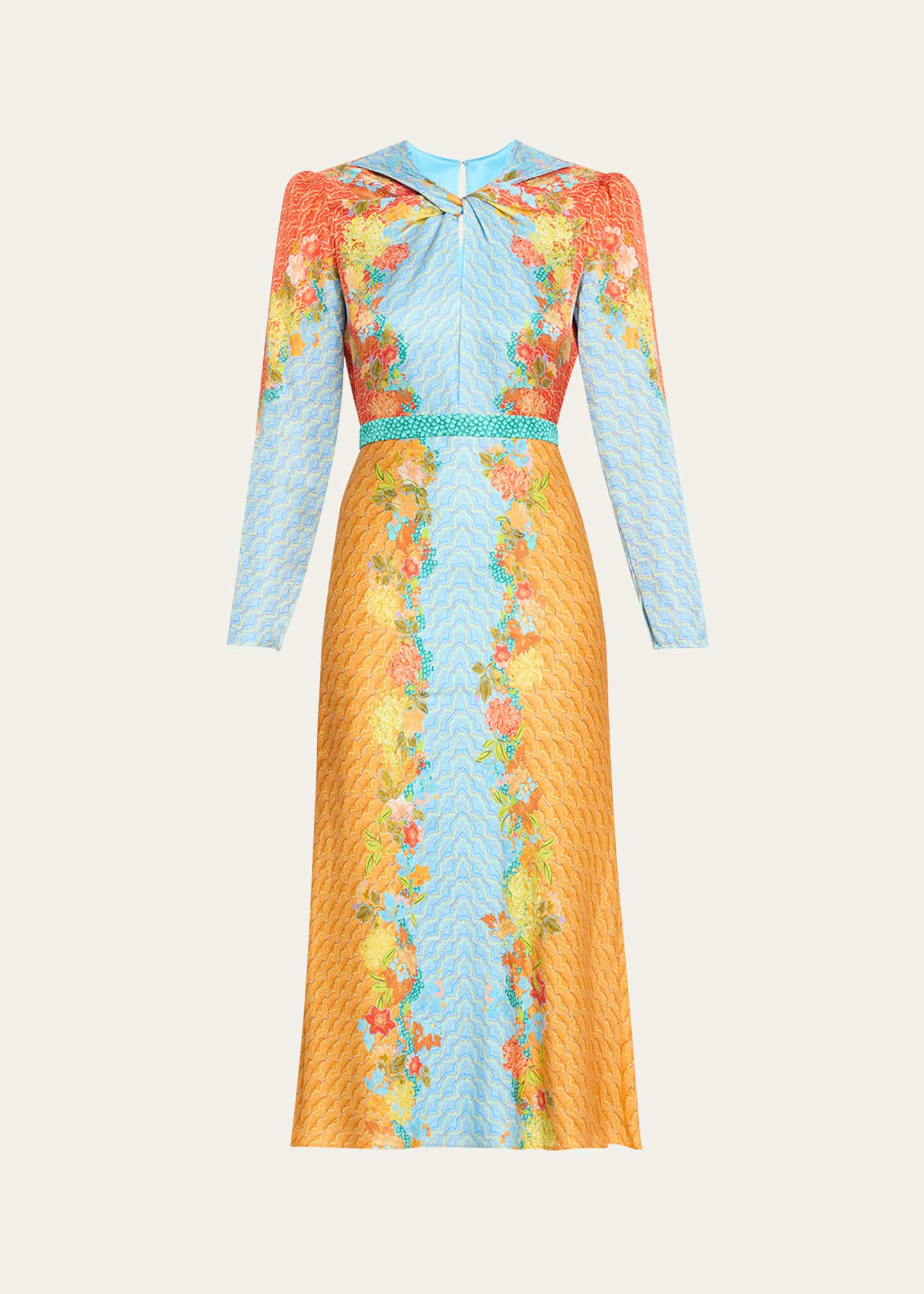 claudia floral silk long-sleeve fluted midi dress