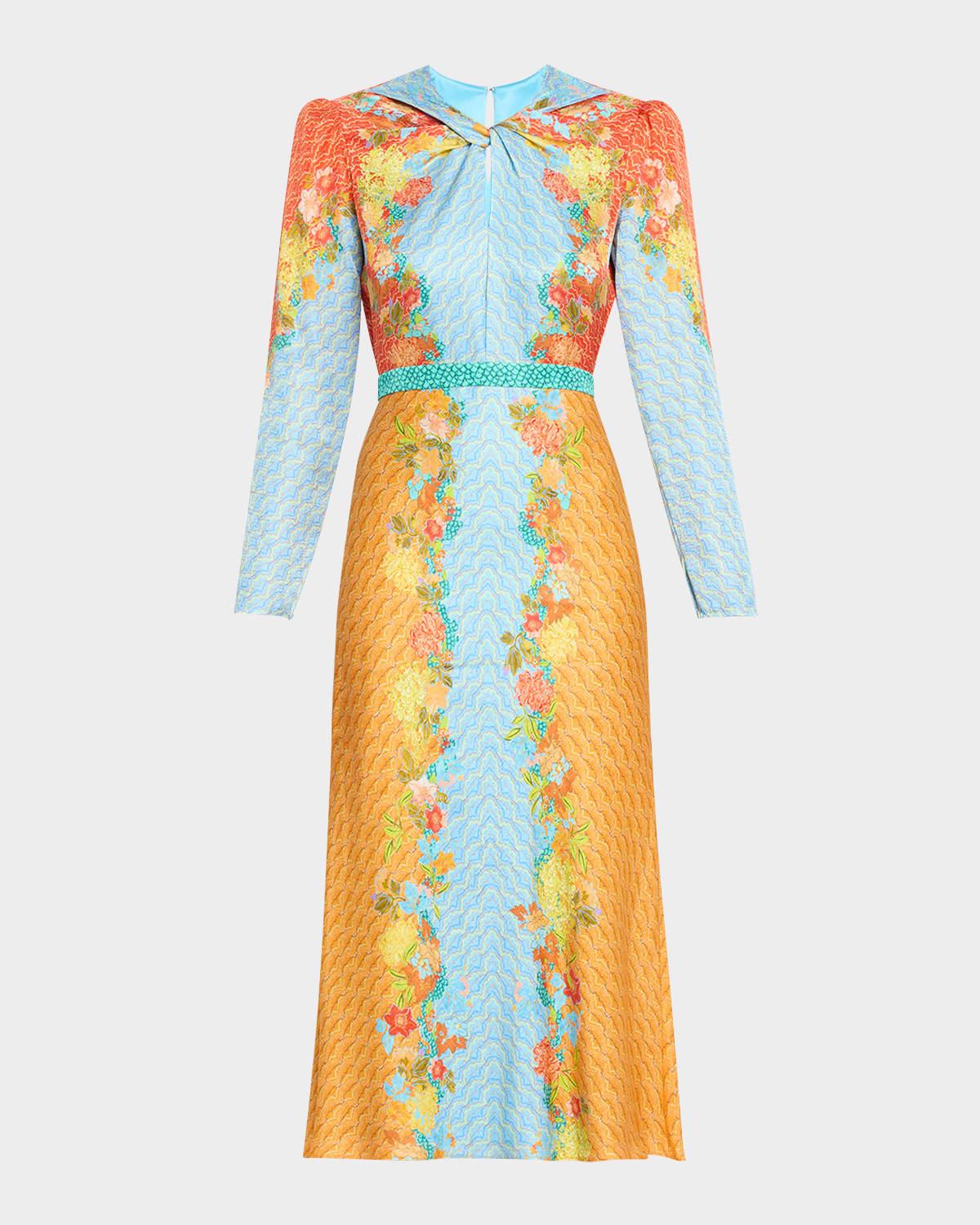 claudia floral silk long-sleeve fluted midi dress