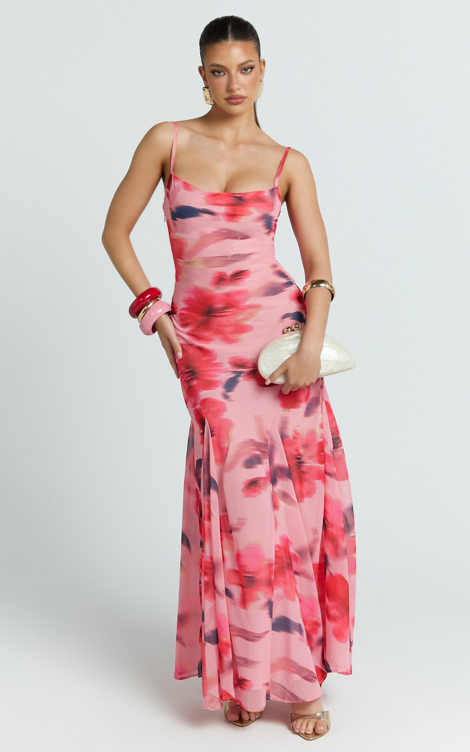 claudia maxi dress - floral cowl neck godet dress in pink floral