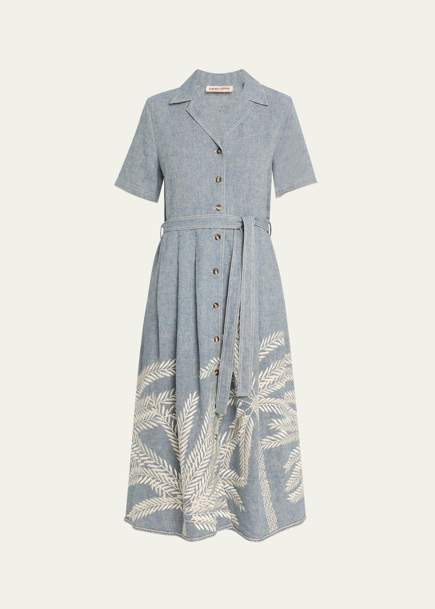 claudia palm-embroidered belted midi dress
