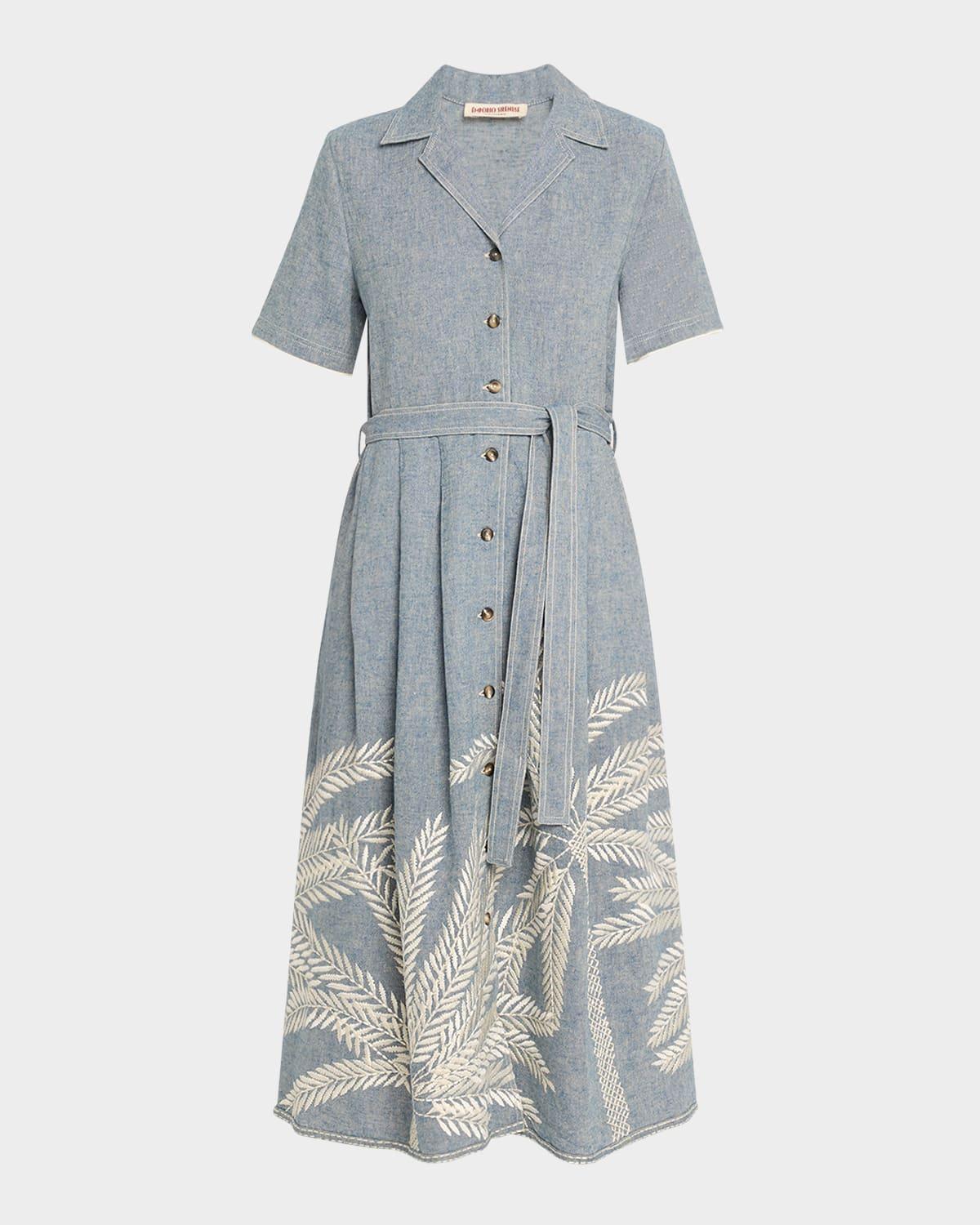claudia palm-embroidered belted midi dress