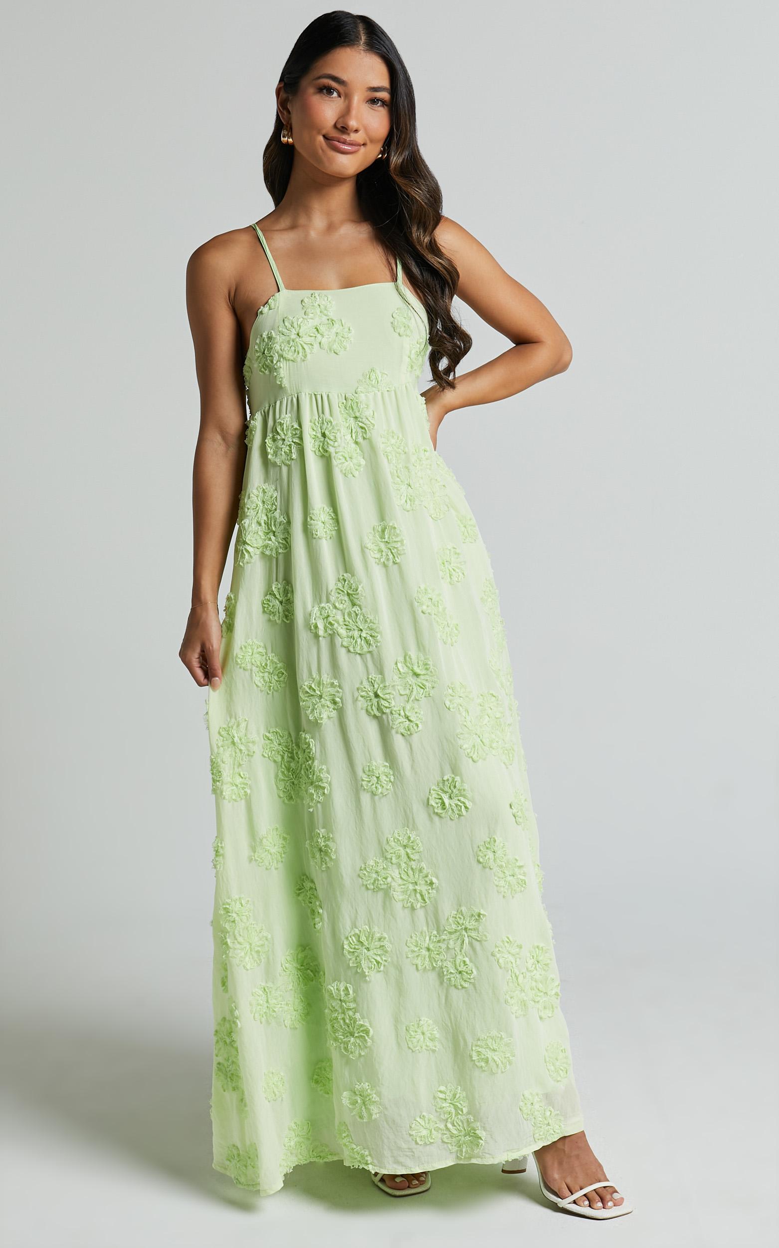 claya maxi dress - sleeveless straight neckline floral detail dress in lime