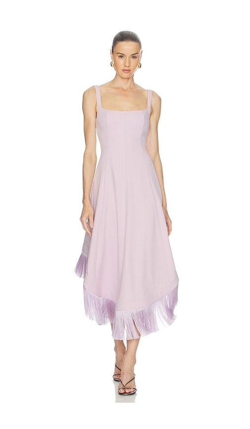 clea emine fringe hem dress in lavender.