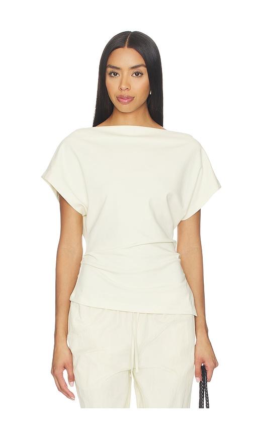 closed off the shoulder top in beige.