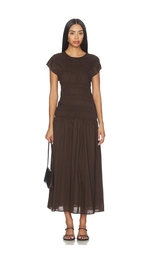 closed smocked dress in brown.