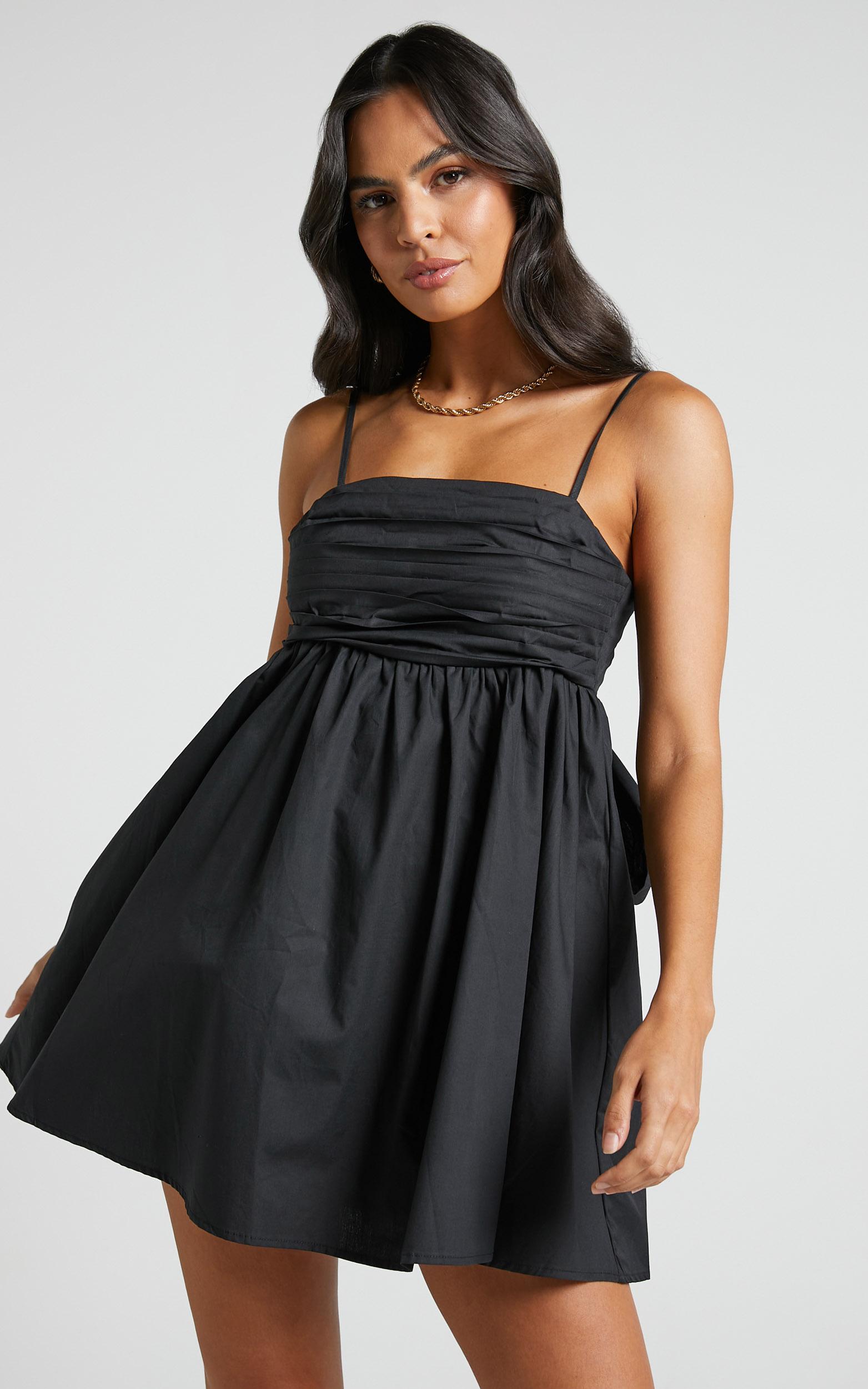 clover mini dress - back bow babydoll dress in black