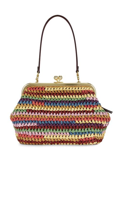 coach large weave straw kisslock 27 frame bag in brown.