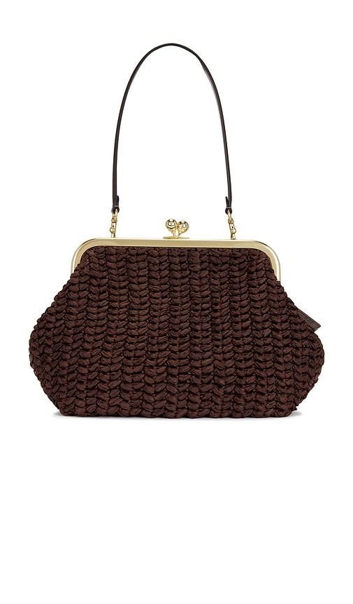coach large weave straw kisslock frame 27 bag in brown.