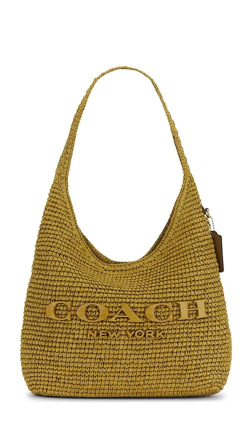 coach refined weave straw brooklyn 28 shoulder bag in olive.