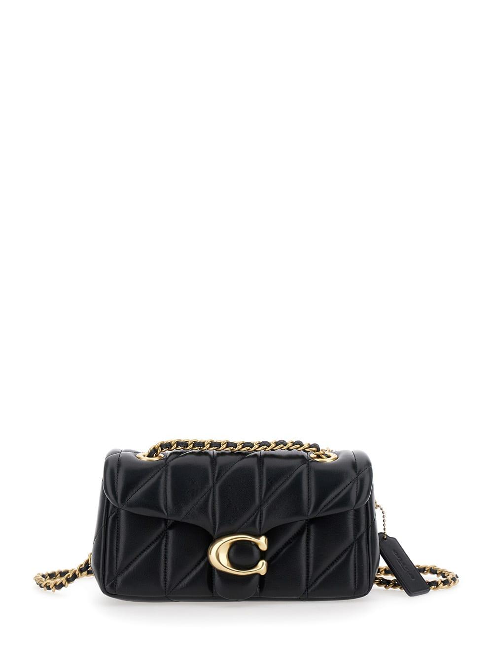 coach tabby 20 black quilted shoulder bag with chain-link leather shoulder straps and logo plaque on the front in leather woman