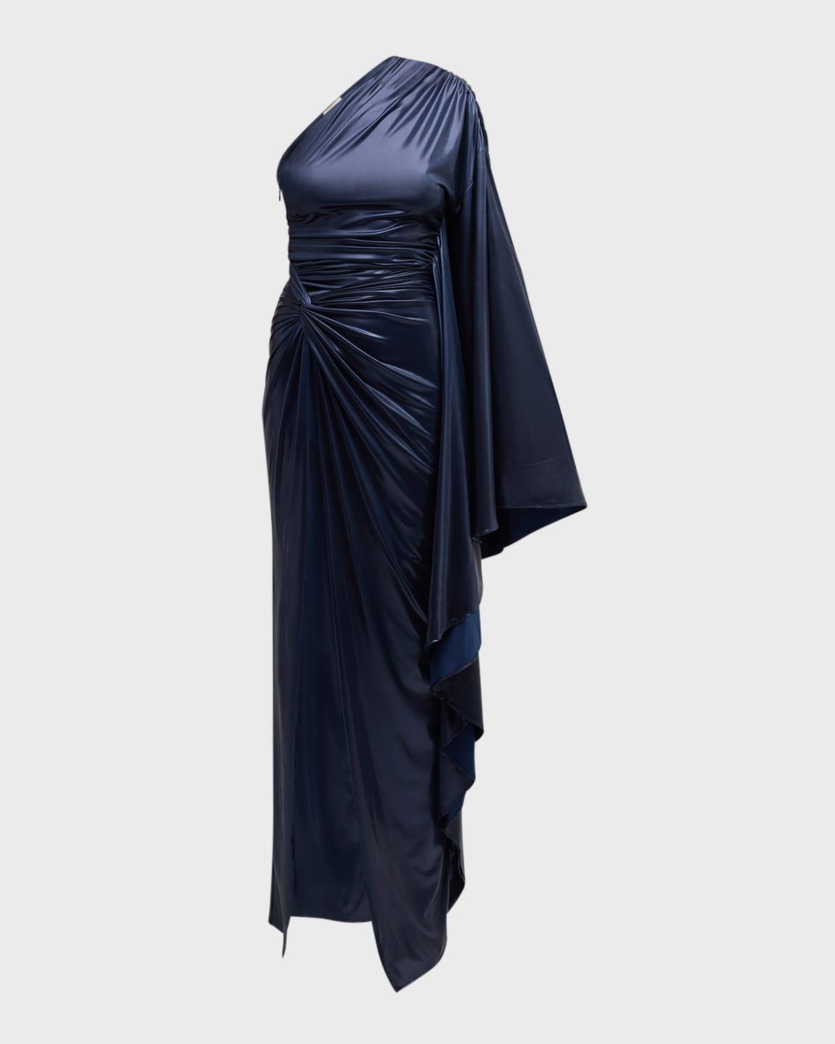 coated jersey one-shoulder ruched slit gown