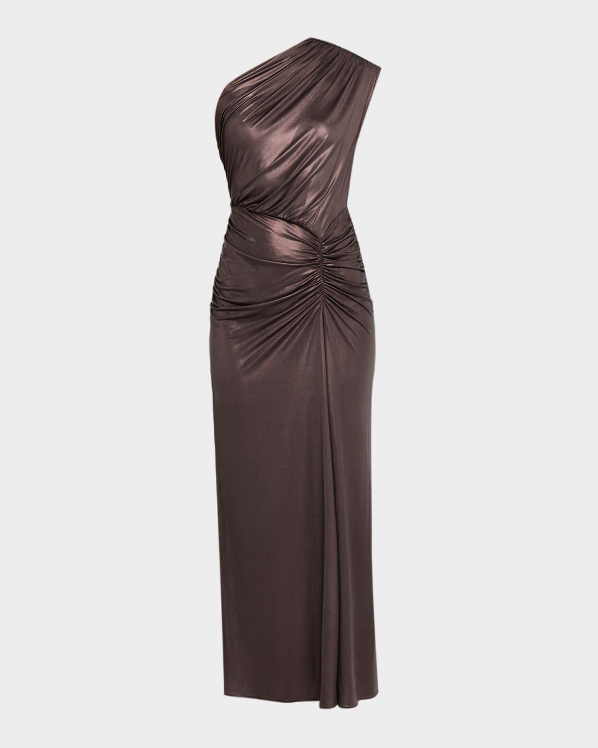 coated jersey ruched one-shoulder gown