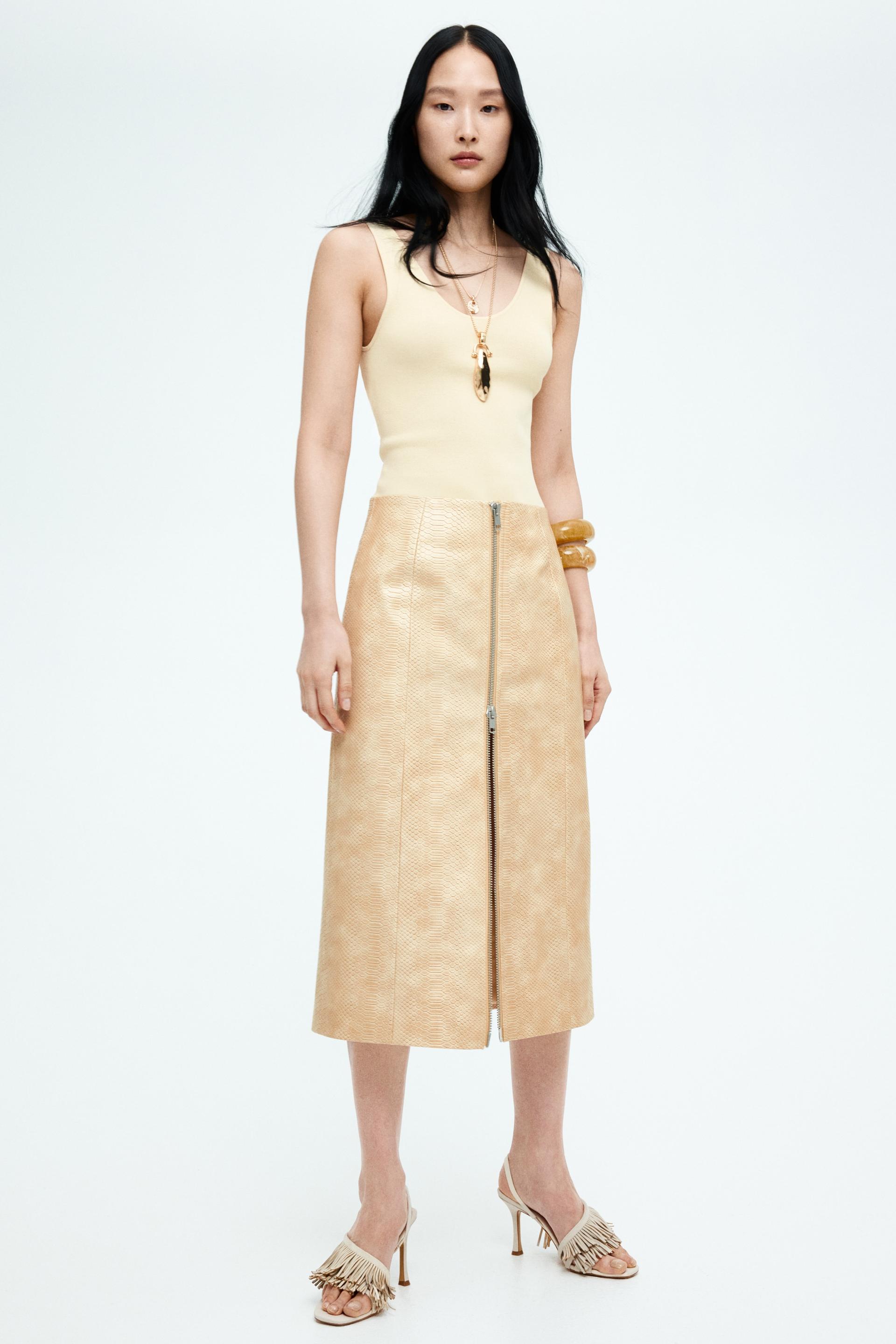 coated zip-front skirt