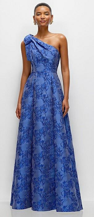 cobalt blue bow one-shoulder full a-line floral metallic jacquard maxi dress