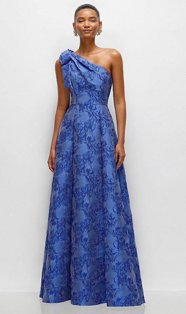 cobalt blue bow one-shoulder full a-line floral metallic jacquard maxi dress