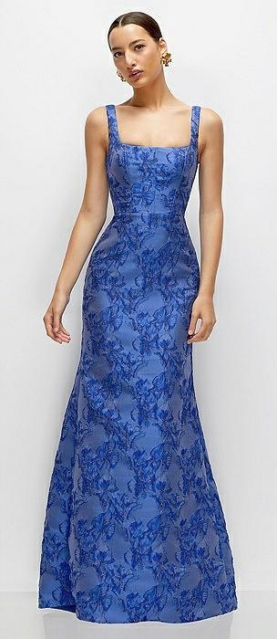 cobalt blue floral metallic jacquard square neck maxi dress with trumpet skirt